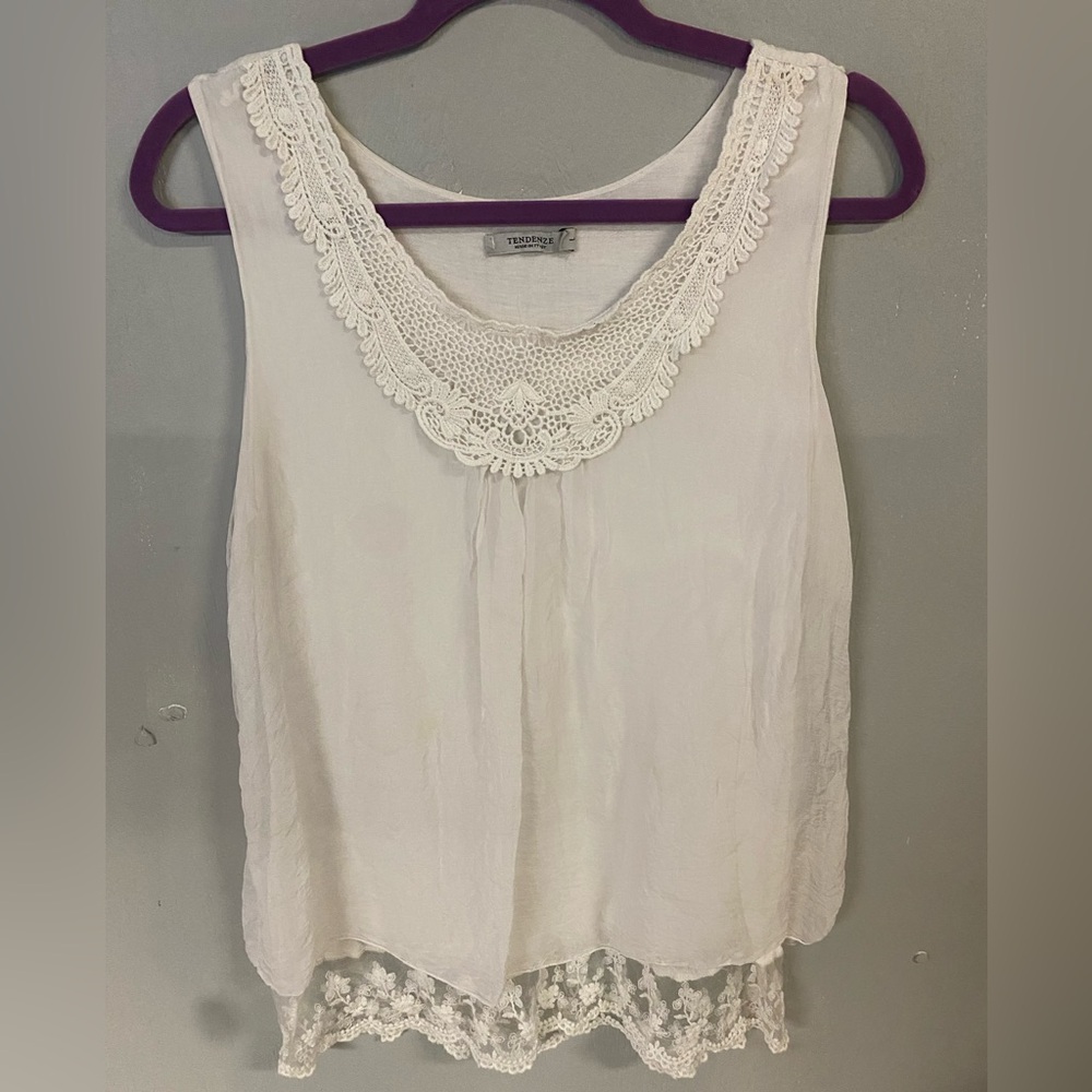 Elegant Tendenze Ivory Scoop Neck Lined Blouse With Crochet Lace Accents ,